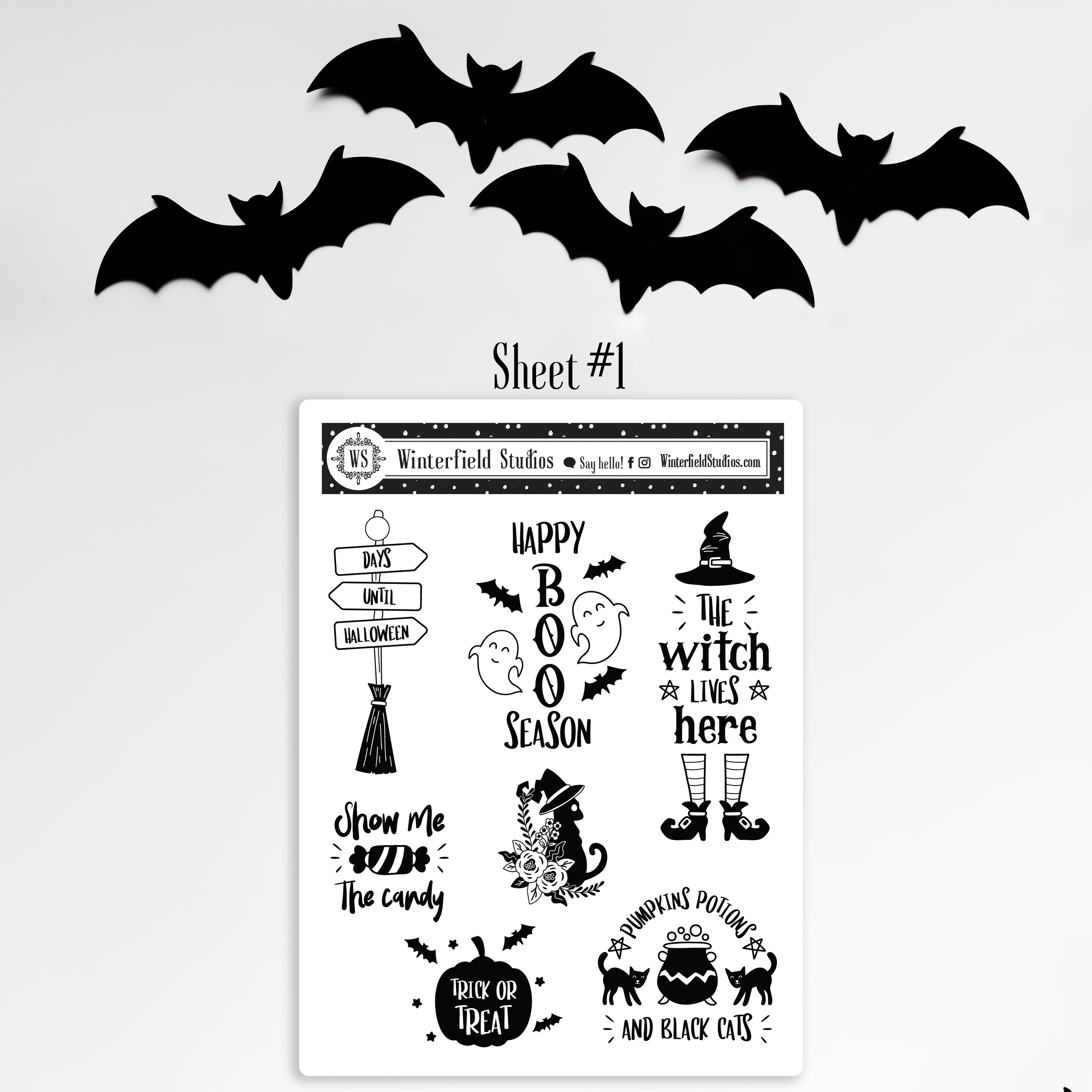 Black 'Bat Cat' Planner Sticker Sheet - Witch Planner Stickers